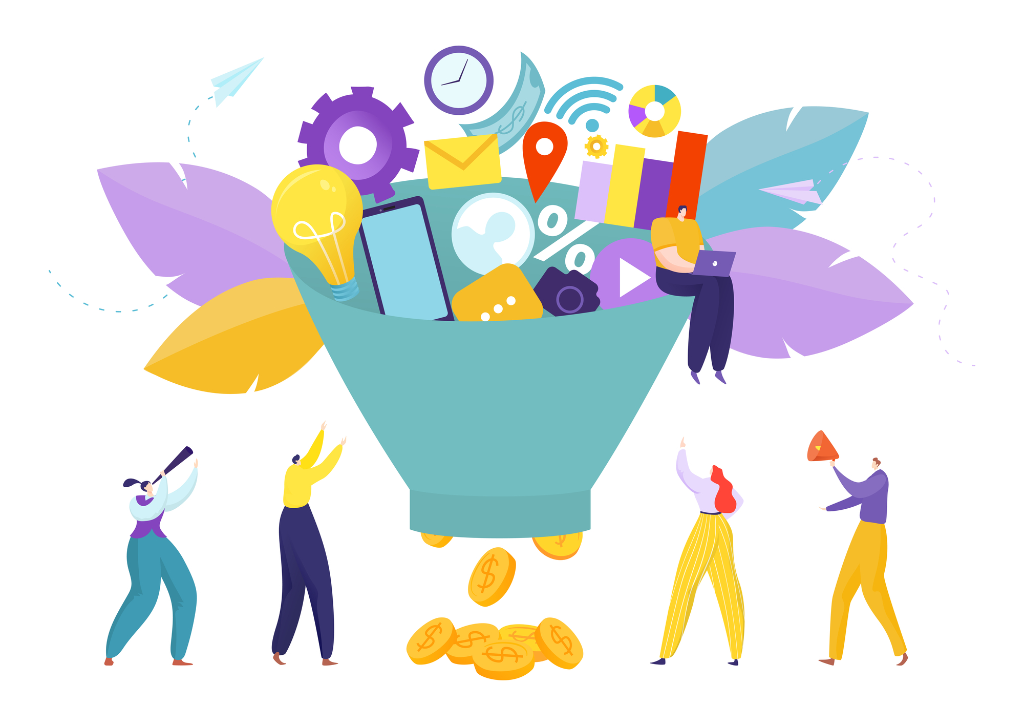 Business digital marketing with funnel, vector illustration. Internet media optimization, people social strategy concept.
